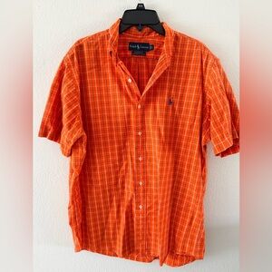 Ralph Lauren Shirt Men's Large Orange Plaid Short Sleeve Button Down Preppy